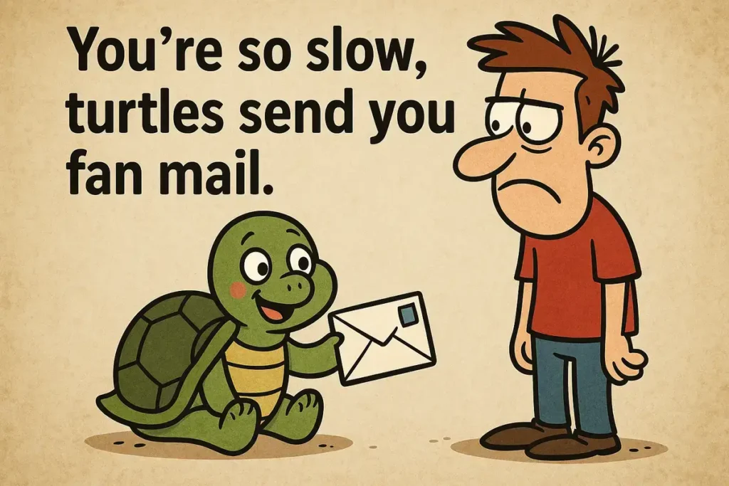 turtle sending fan mail to a slow man
