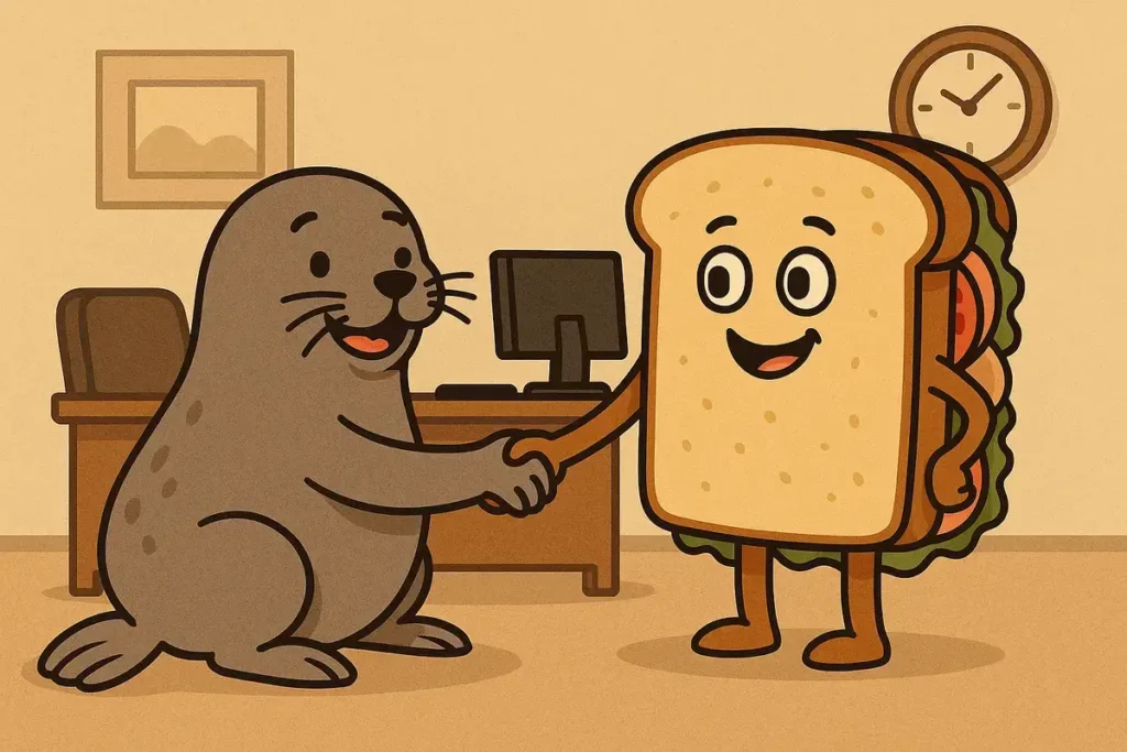 seal and sandwich shaking hands in office