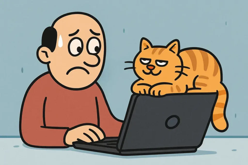 relaxed cat on laptop while stressed man works