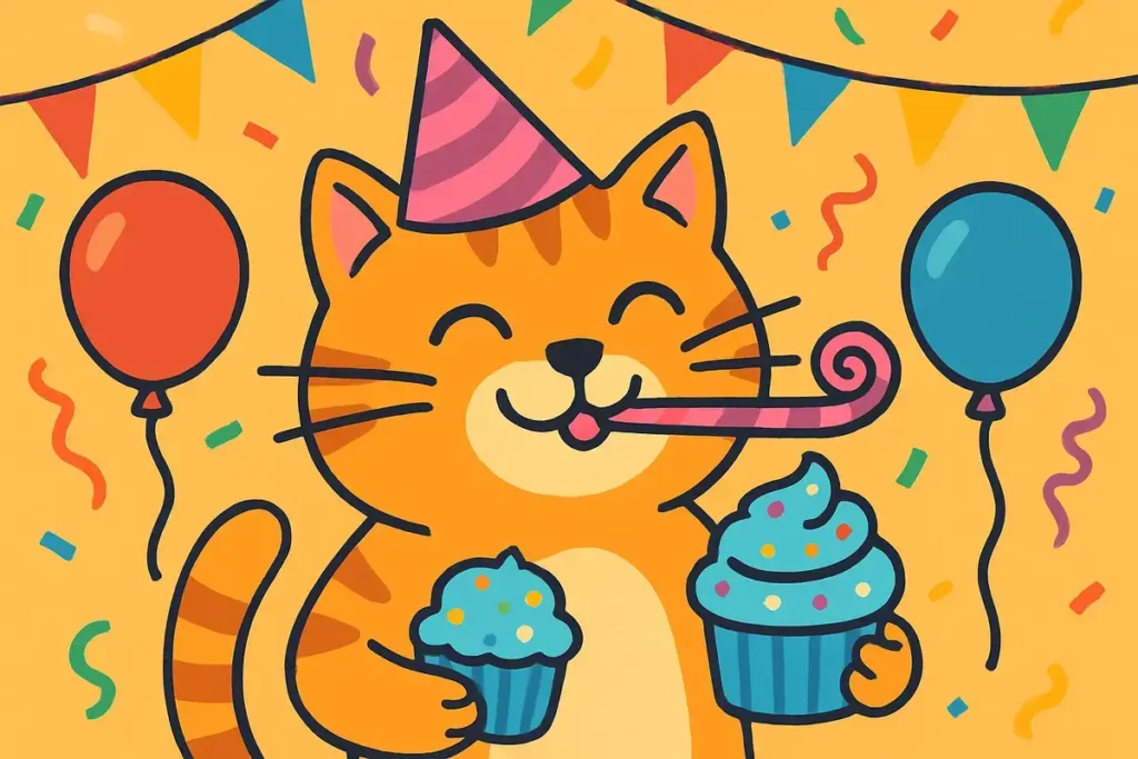 cat party scene with cupcakes and balloons for international cat jokes