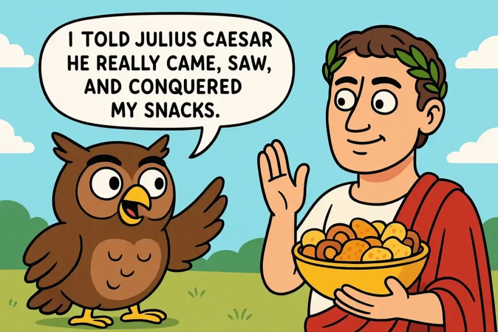 owl with Julius Caesar sharing snacks in a humorous scene