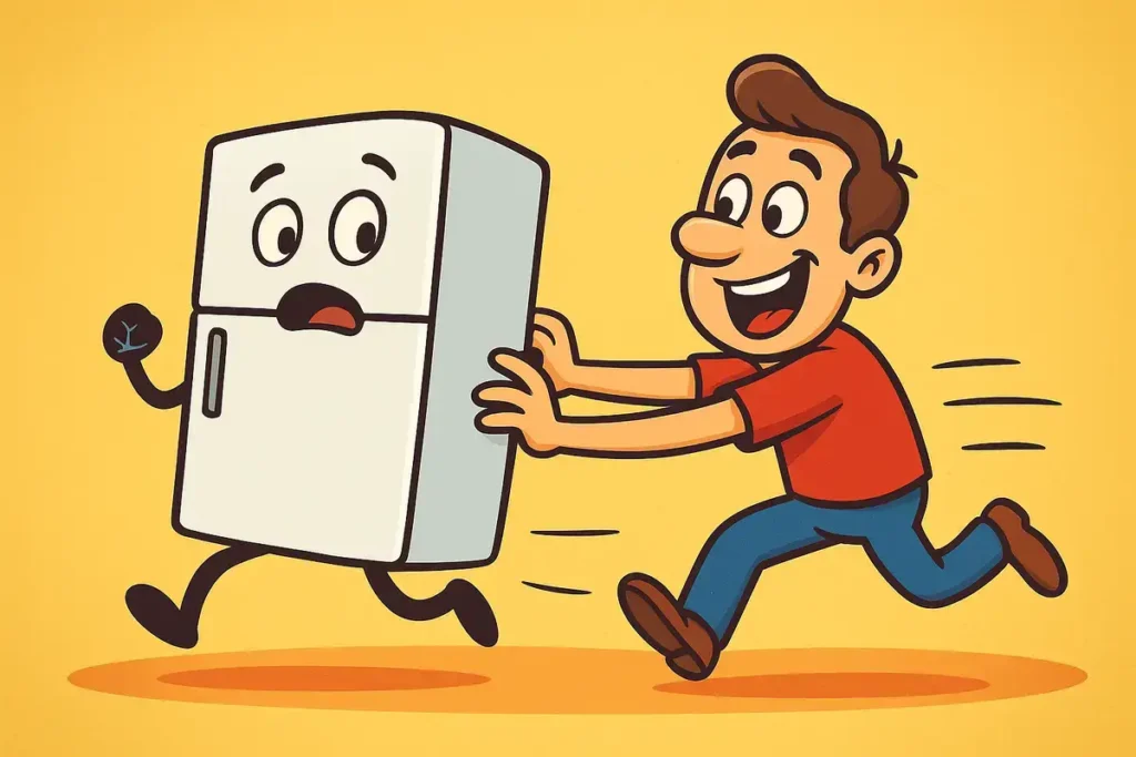 a running fridge being caught, perfect for national tell me joke humor