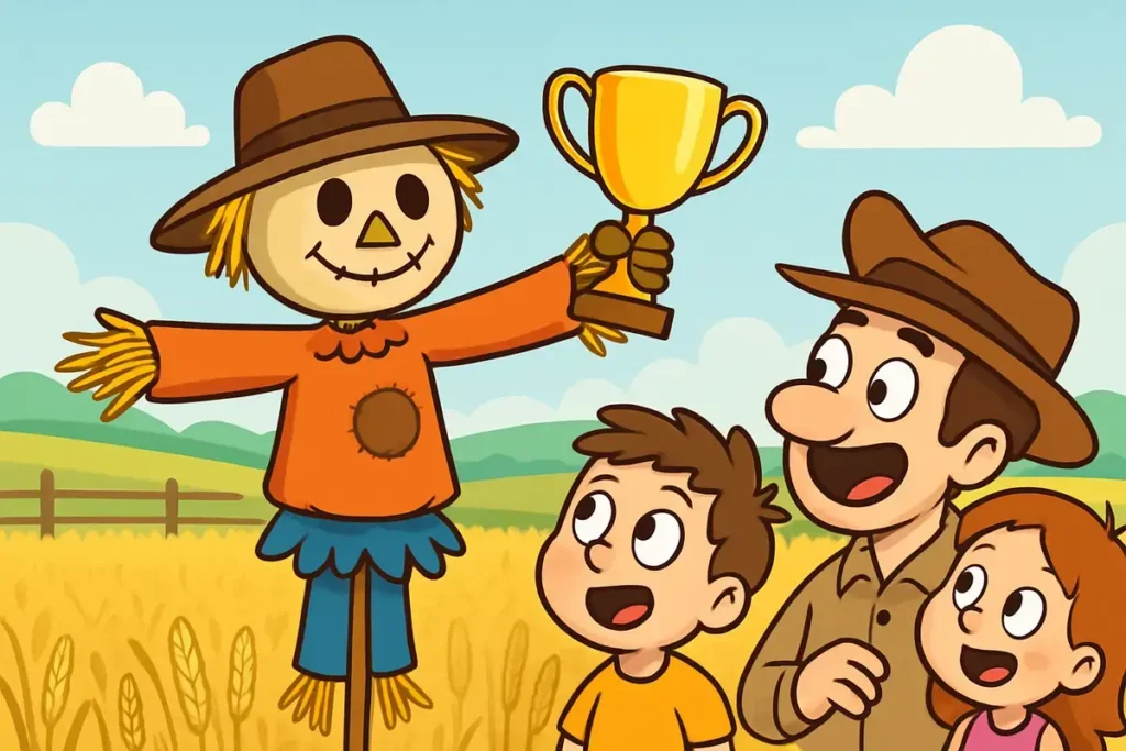 scarecrow winning a trophy with smiling dad, son, and daughter in wheat field