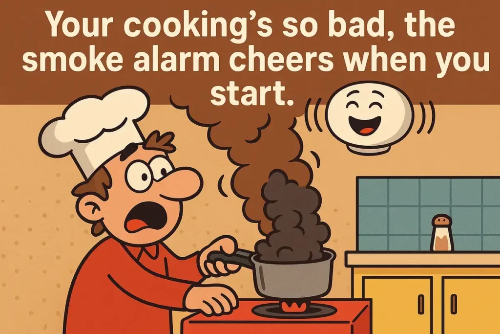 Hilarious jokes for roast featuring cartoon chef and cheering smoke alarm