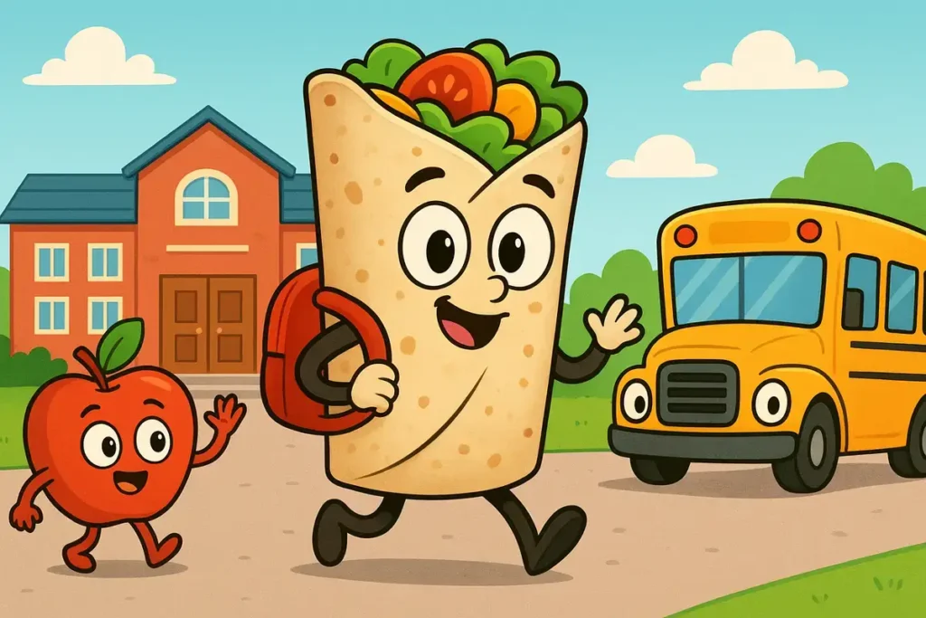 tortilla character going to school bus with apple friend, funny spain jokes illustration