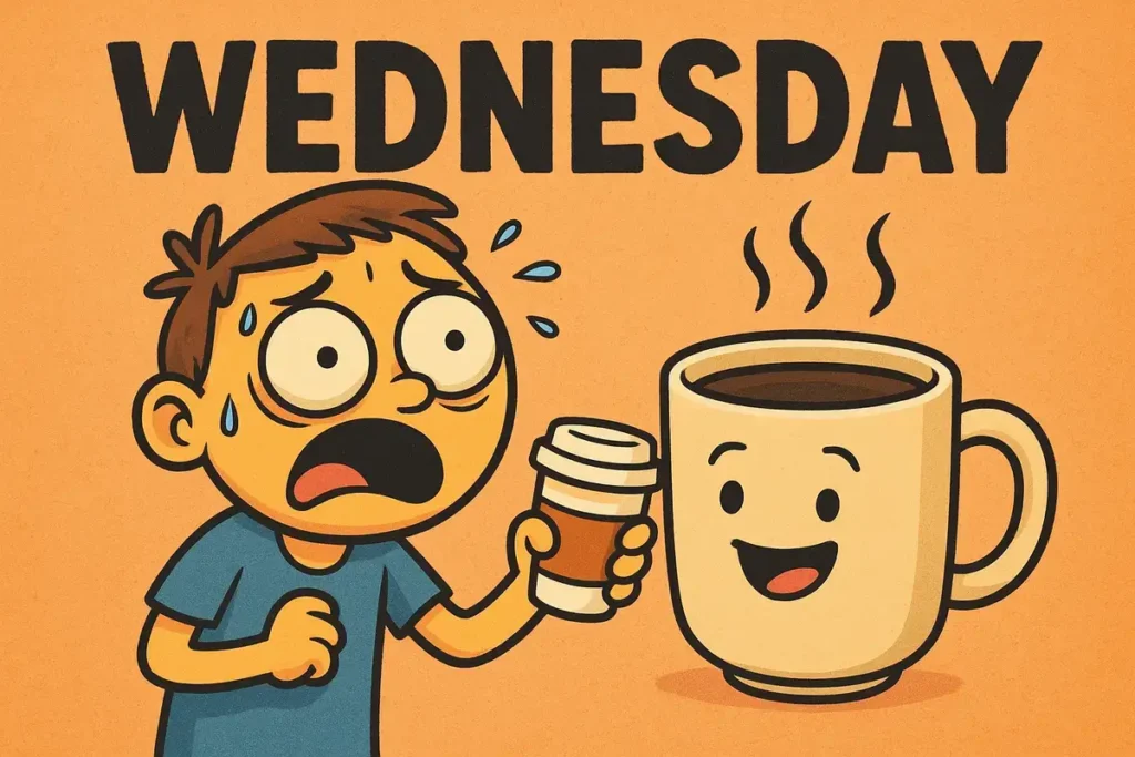 Funny cartoon of coffee saving the day for midweek struggles – perfect for wednesday puns.