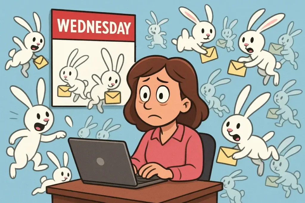 rabbits carrying emails on Wednesday, funny wednesday puns illustration