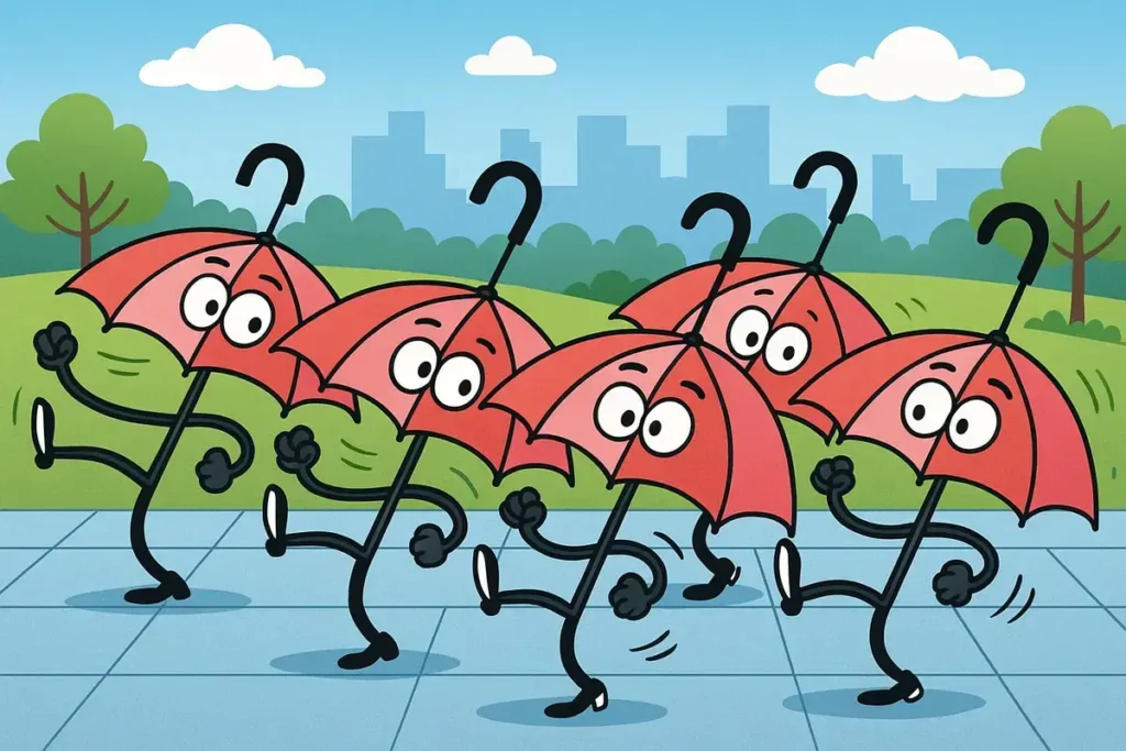 Umbrellas practice synchronized dance routines.