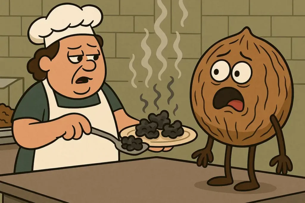Cafeteria served burnt walnuts by mistake.