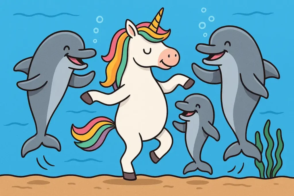 Dolphins learn dance steps from unicorn swim partners.