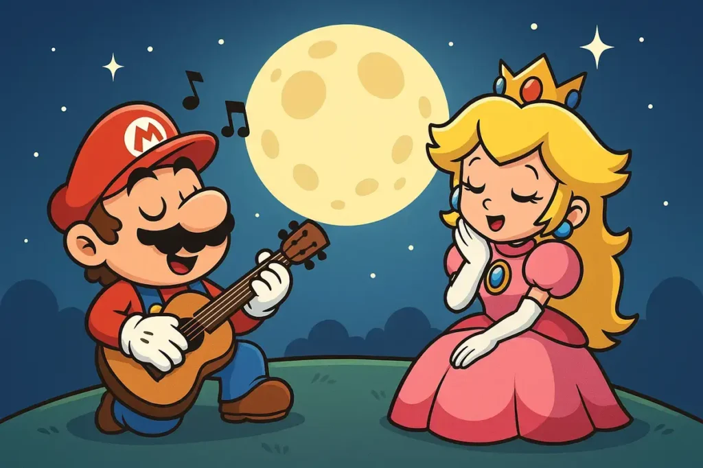 Mario serenades Peach under moonlight.