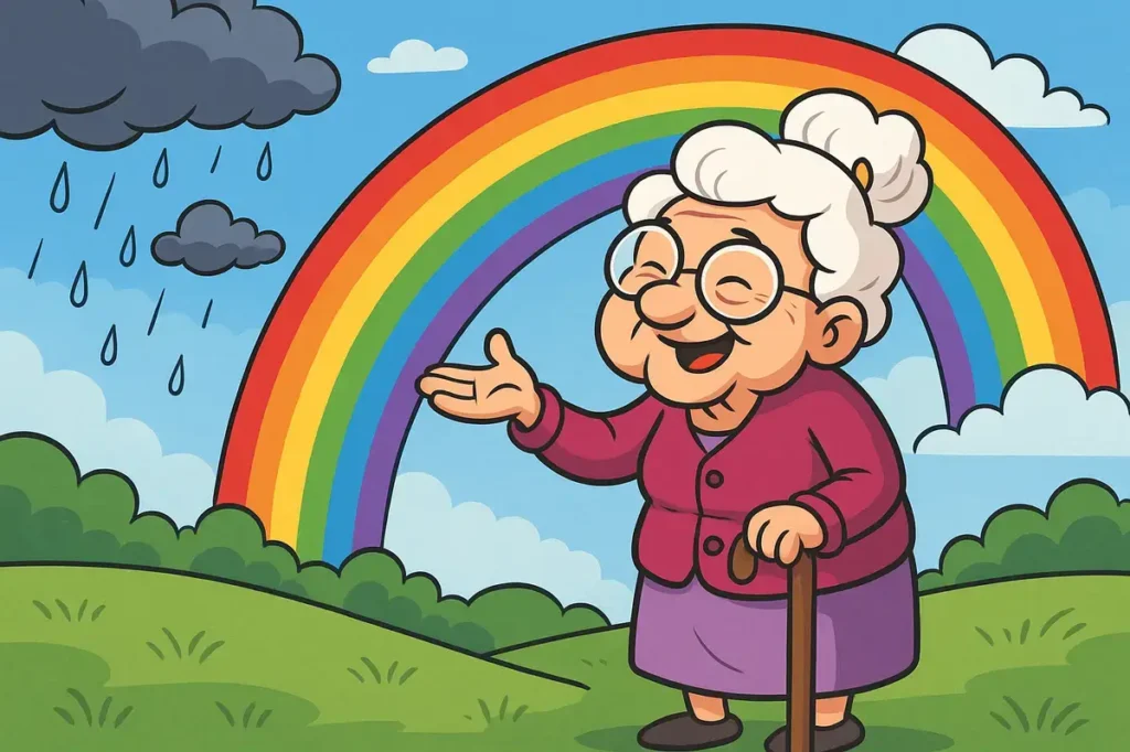 Rainbows remind her that storms only dress up the sky.