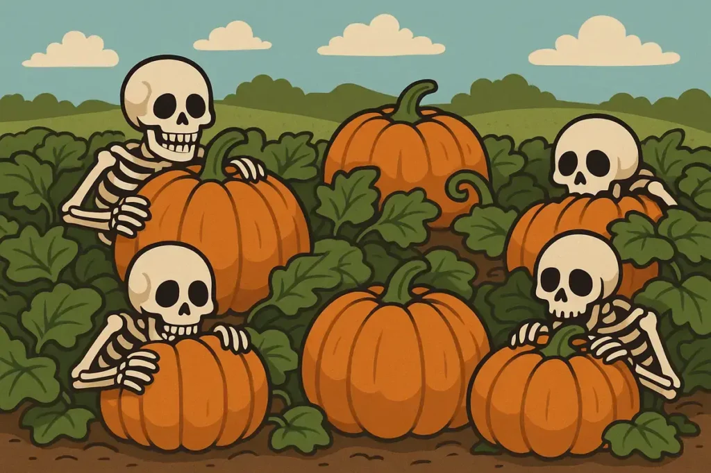 Skeletons hide in pumpkin patches.