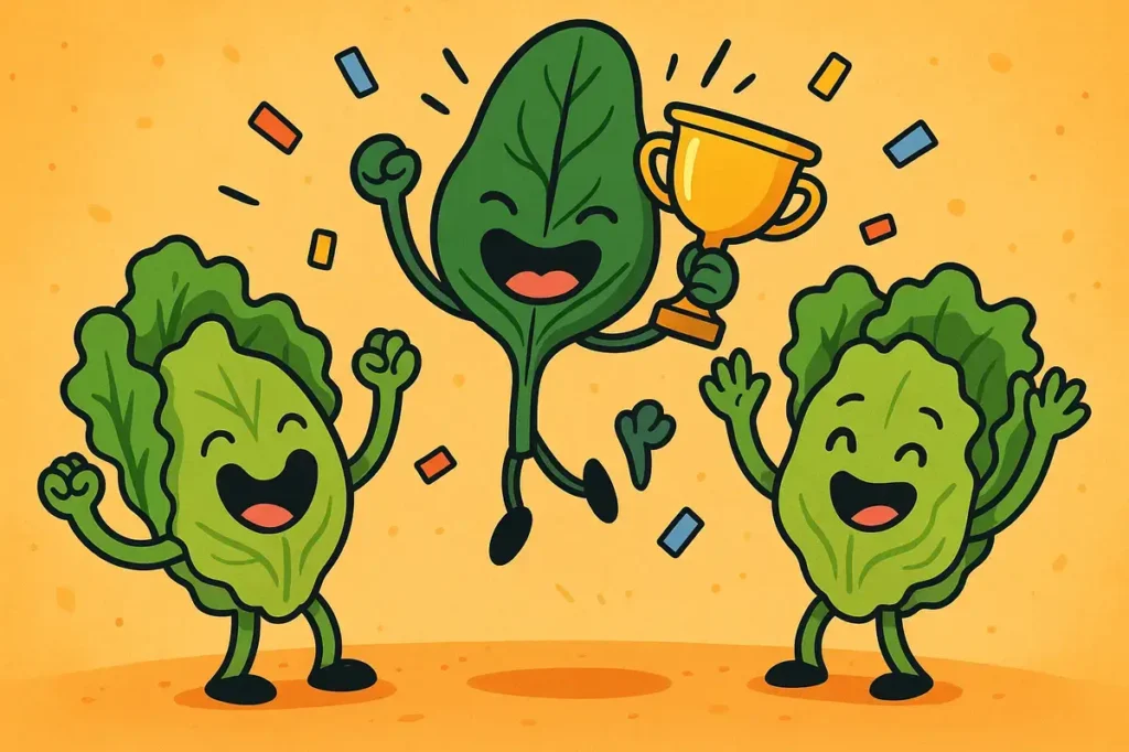 Spinach cheered at salad victory.