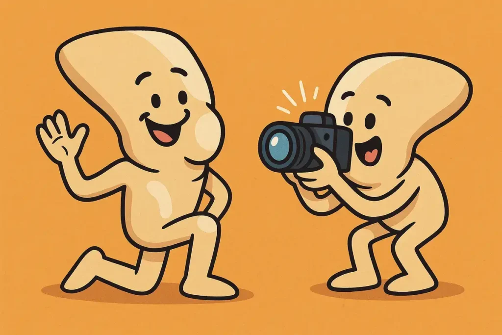 Kneeling creates photo comedy naturally.