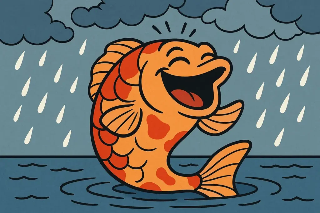 Laughing koi brighten cloudy days.