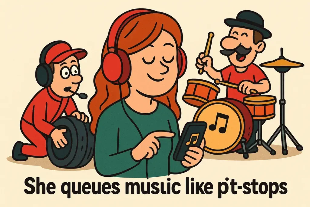 She queues music like pit stops.