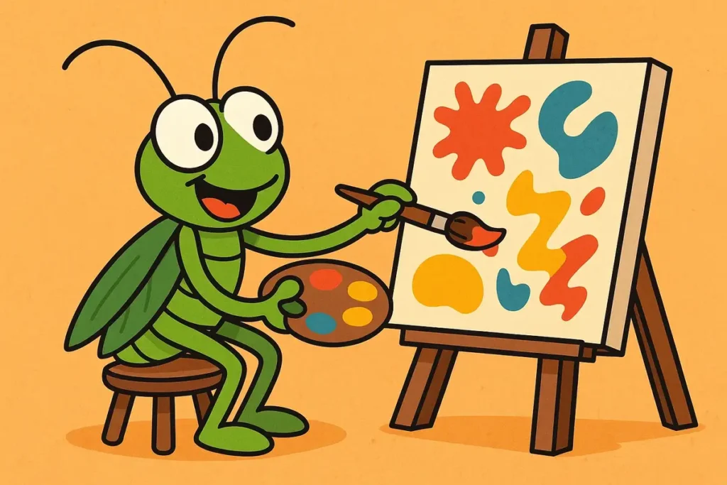 That tiny hopper started painting; his colors leap off the canvas.