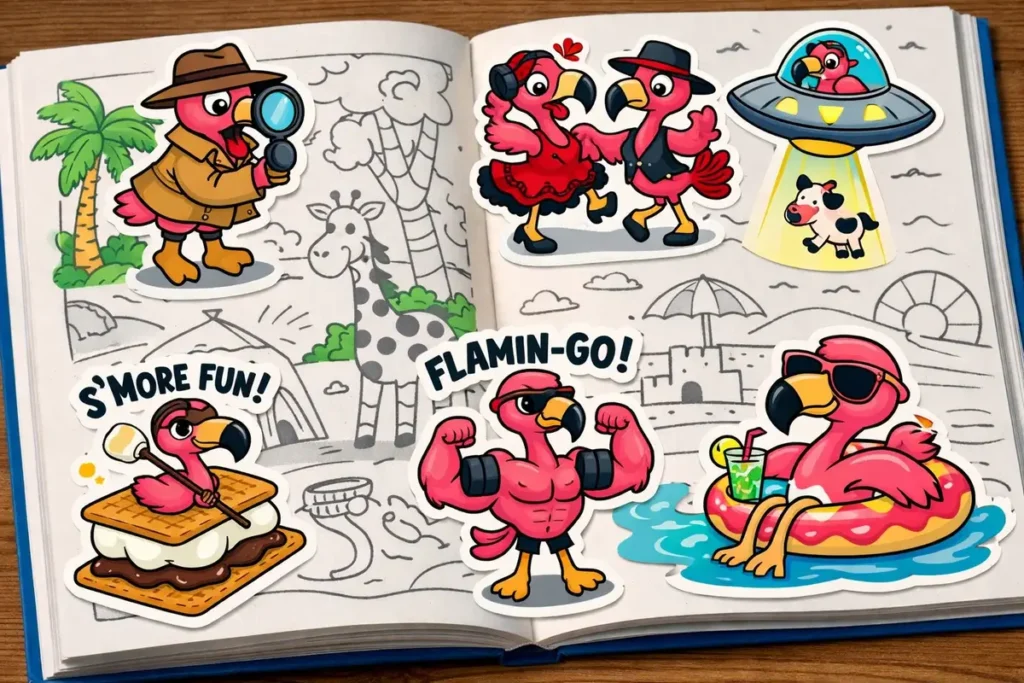 Coloring books look better with flamingo stickers.
