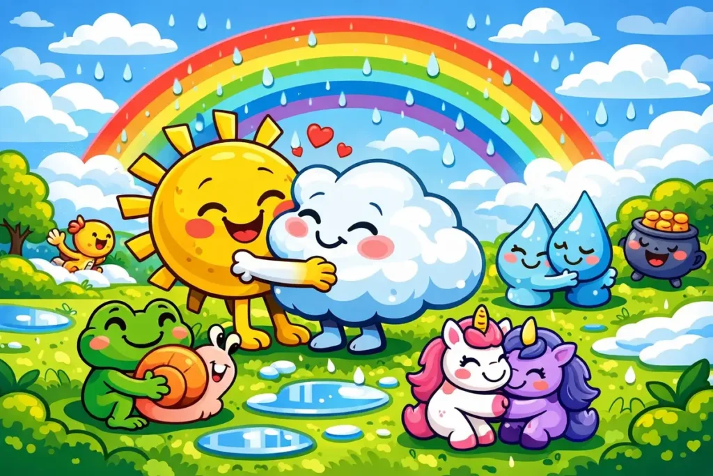 Rainbows appeared after sudden showers.